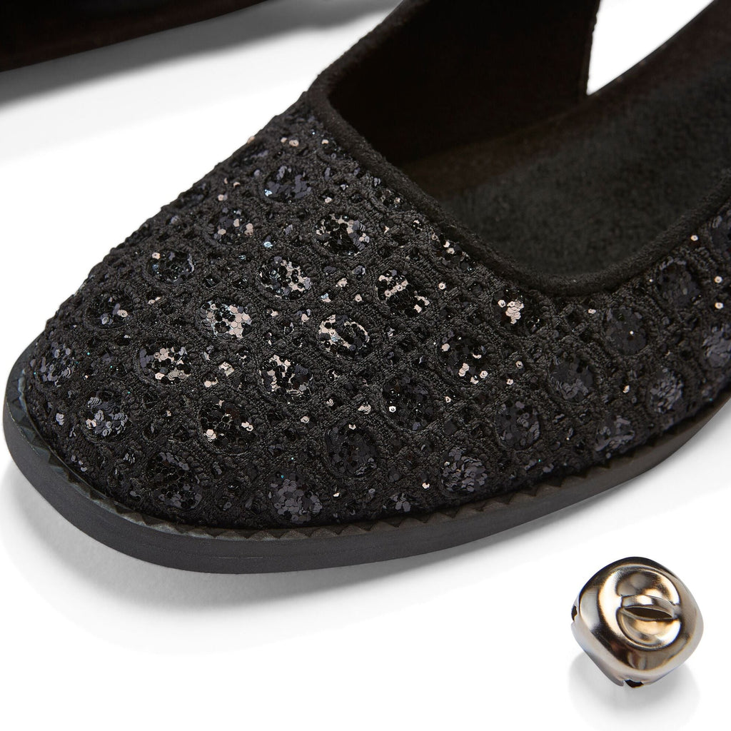 Up close detail shot of the geometric sparkle Jaclyn Slingback heel