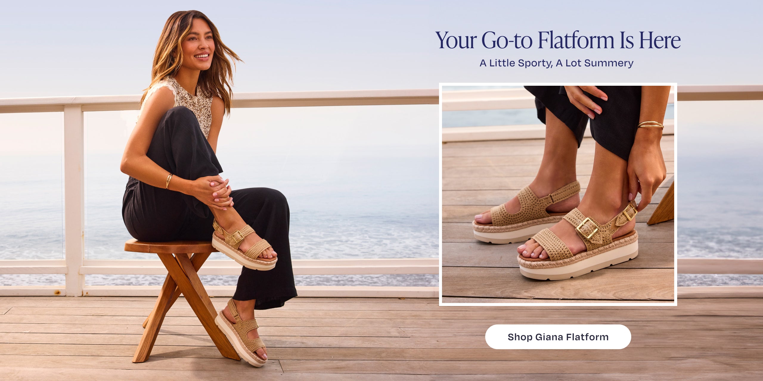 Your Go-to Flatform Is Here. A Little Sporty, A Lot Summery. Shop Giana Flatform: model in Almond Crochet.