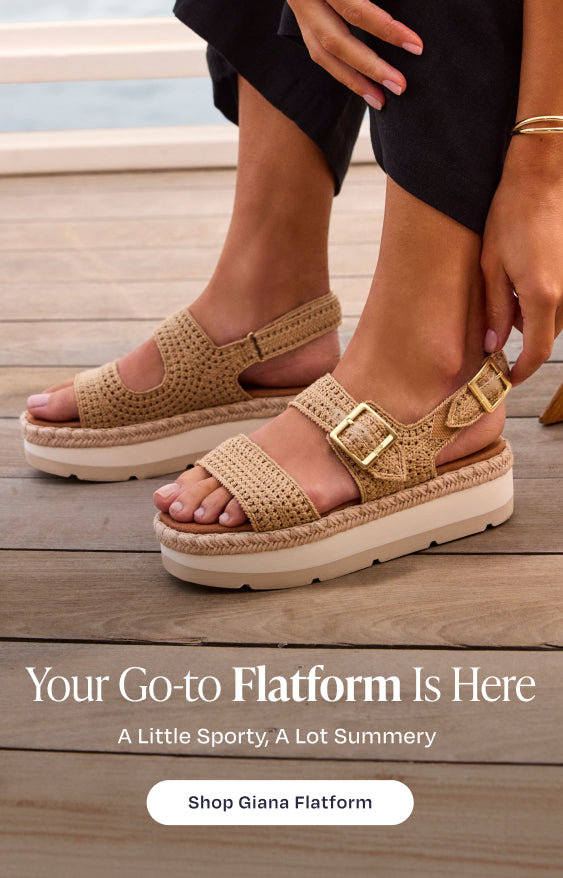Your Go-to Flatform Is Here. A Little Sporty, A Lot Summery. Shop Giana Flatform: model in Almond Crochet.