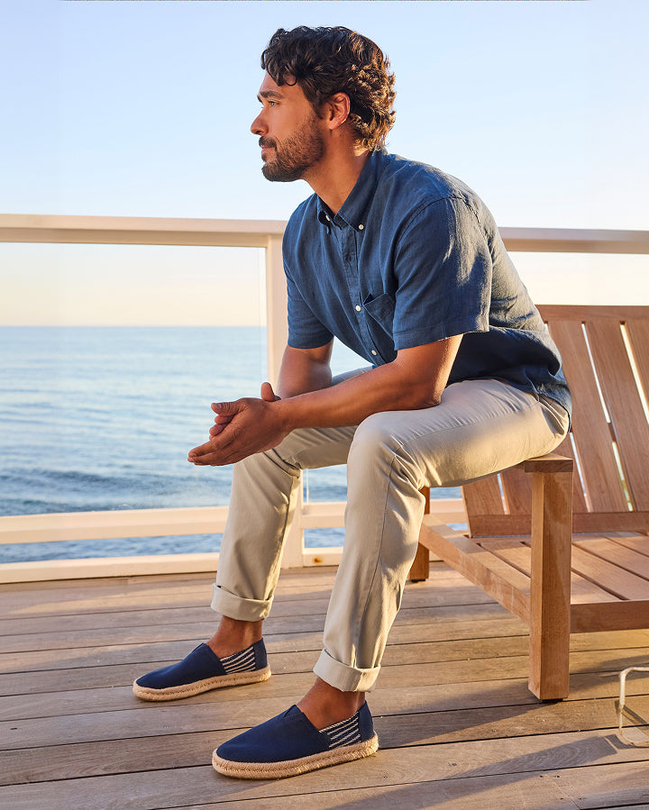Men's Alpargata Rope 2.0 Espadrille in Navy Stripes shown.