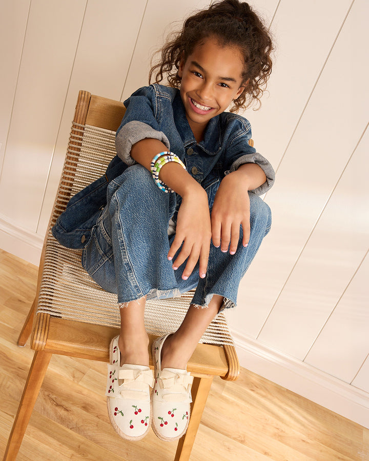 Carolina Lace-Up Kids Espadrille in Embroidered Cherries shown.