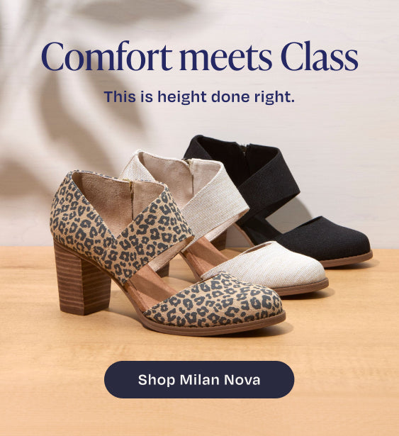 Comfort meets Class. This is height done right. Shop Milan Nova: model in Leopard Print. Black Canvas and Natural colors also shown.