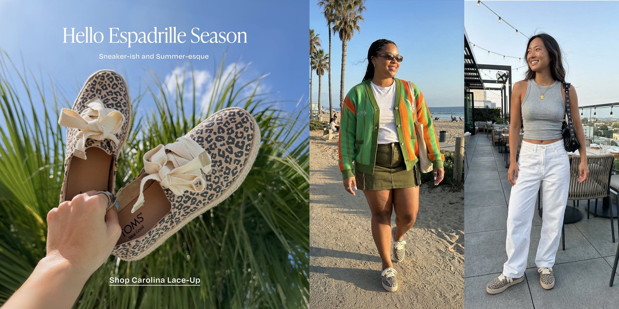 Hello Espadrille Season. Sneaker-ish and Summer-esque. Shop Carolina Lace-Up: models in Natural Leopard Print. Beach and city background.