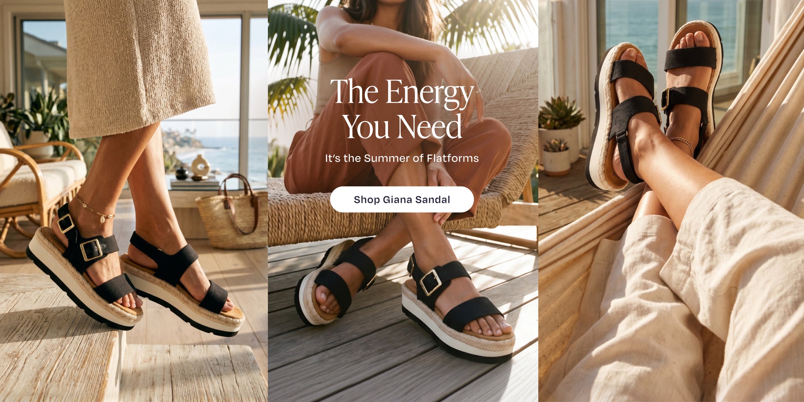 The Energy You Need. It's the Summer of Flatforms. Shop Giana Sandal: model in Black Woven, beach house background.