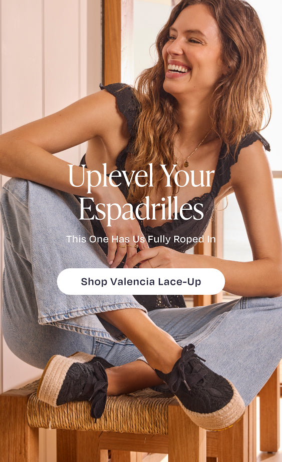 Uplevel Your Espadrilles. This One Has Us Fully Roped In. Shop Valencia Lace-Up: model in Black Floral Crochet.