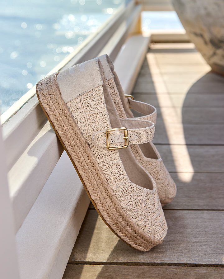 Women's Carolina Mary Jane Espadrille in Undyed Floral Raffia shown.