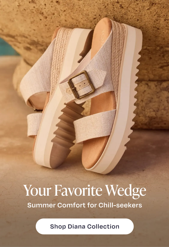 Found it: Your Favorite WedgeSummer Comfort for Chill-seekers. Shop Sandals: shown Diana Mule Buckle Wedge Sandal in Natural, pool background.