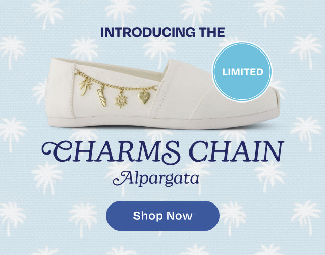 Introducing the LIMITED Charms Chain Alpargata. Shop Now: Alpargata Classic in White Recycled Cotton Canvas w/ Charms Chain shown.