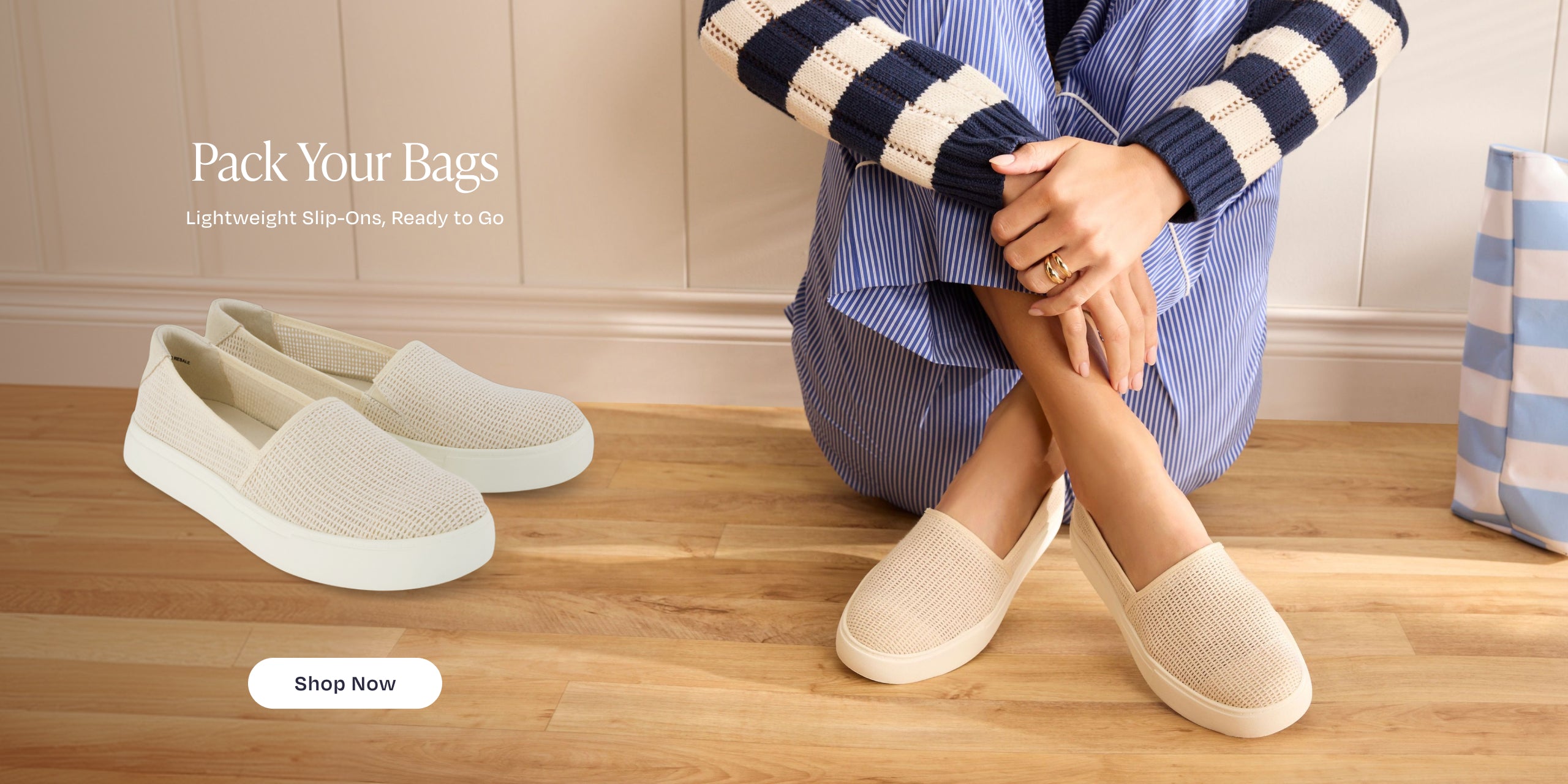 Pack Your Bags. Lightweight Slip-Ons, Ready to Go. Shop Now: model wearing Kameron Slip On Sneaker in Natural Mesh.