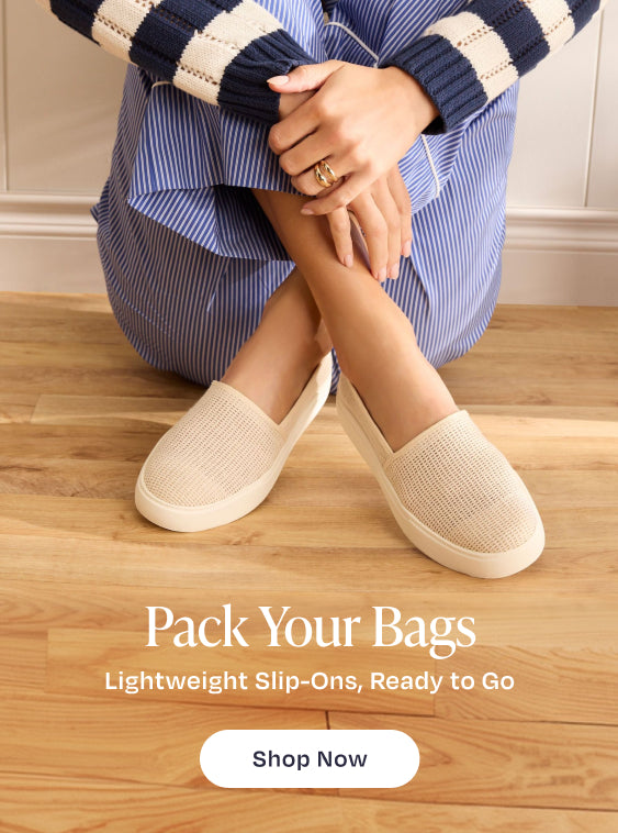 Pack Your Bags. Lightweight Slip-Ons, Ready to Go. Shop Now: model wearing Kameron Slip On Sneaker in Natural Mesh.