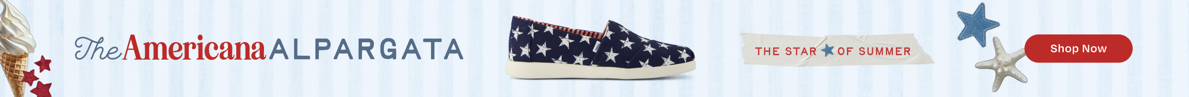 The Americana ALPARGATA: THE STAR OF SUMMER. Shop Now: Alpargata Plus in Navy Stars Canvas shown. Stars & ice cream graphics in background.