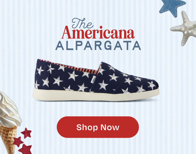 The Americana ALPARGATA: THE STAR OF SUMMER. Shop Now: Alpargata Plus in Navy Stars Canvas shown. Stars & ice cream graphics in background.