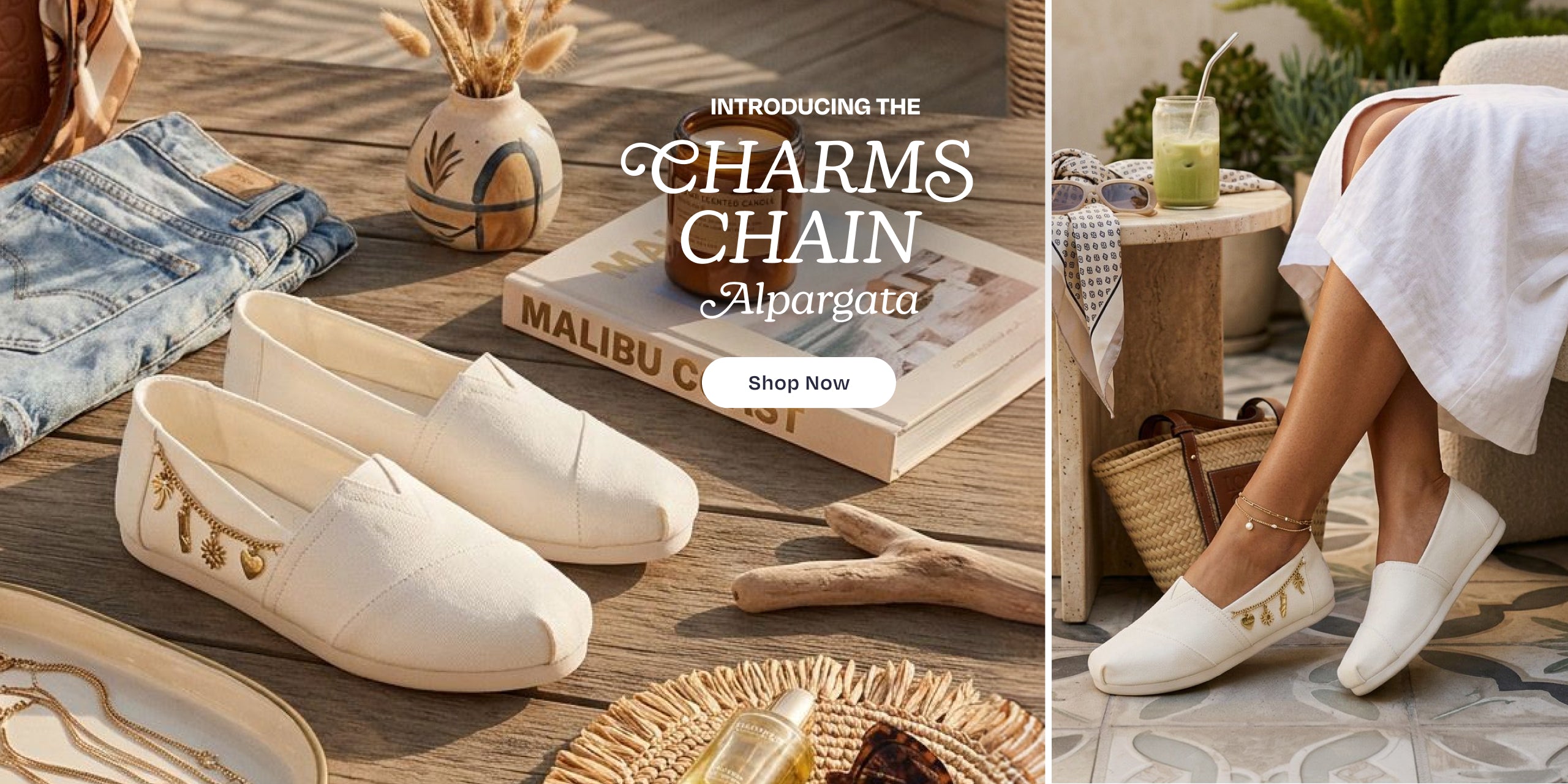 INTRODUCING THE CHARMS CHAIN Alpargata. Shop Now: model wearing Alpargata Classic in White Recycled Cotton Canvas w/ Charms Chain.