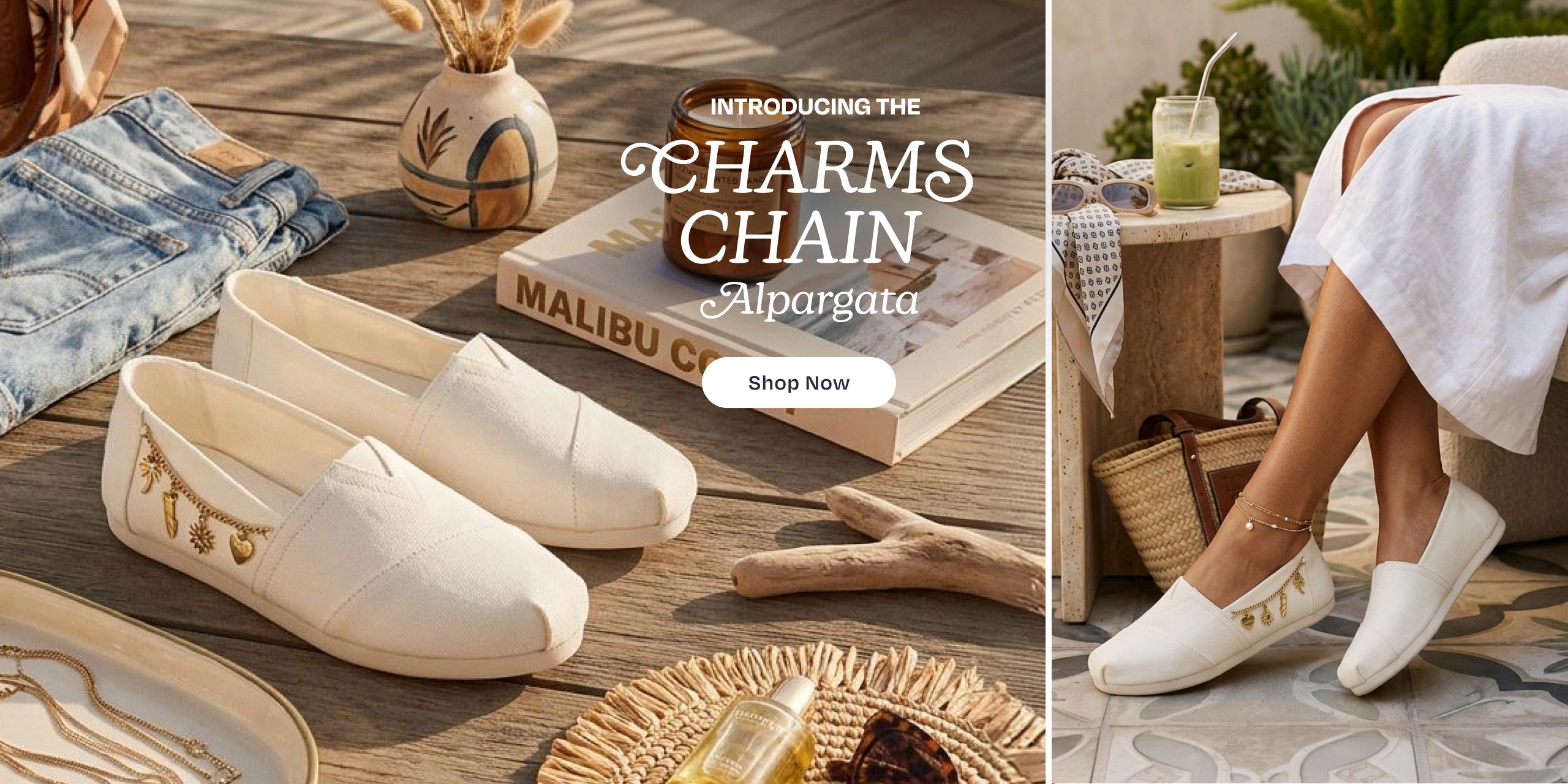 INTRODUCING THE CHARMS CHAIN Alpargata. Shop Now: model wearing Alpargata Classic in White Recycled Cotton Canvas w/ Charms Chain.