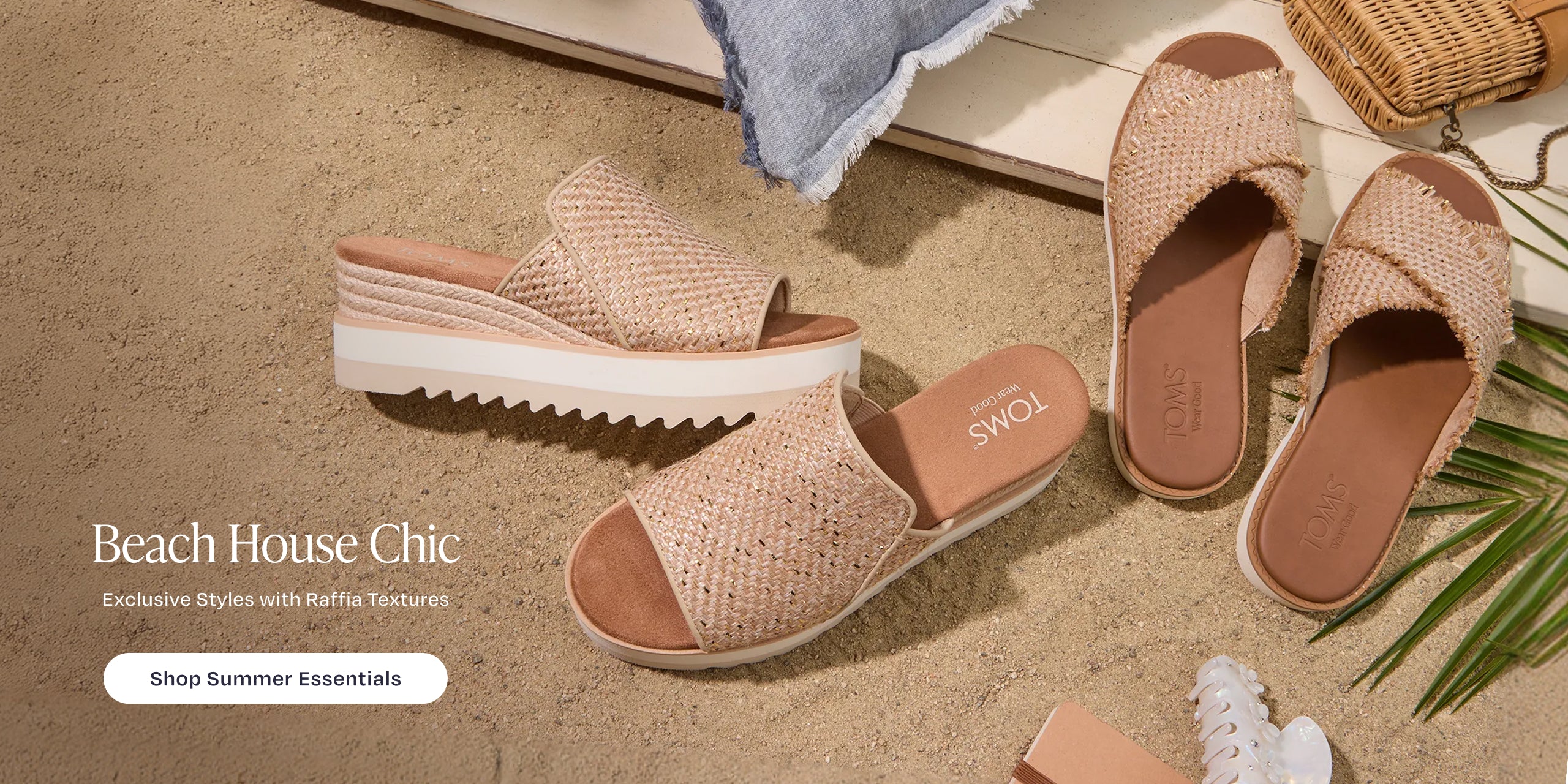 Beach House Chic. Exclusive Styles with Raffia Textures. Shop Summer Essentials: Diana Mule Wedge Sandal & Mae Crossover Slide Sandal in Natural Metallic Raffia shown.