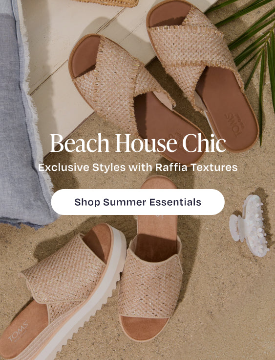 Beach House Chic. Exclusive Styles with Raffia Textures. Shop Summer Essentials: Diana Mule Wedge Sandal & Mae Crossover Slide Sandal in Natural Metallic Raffia shown.