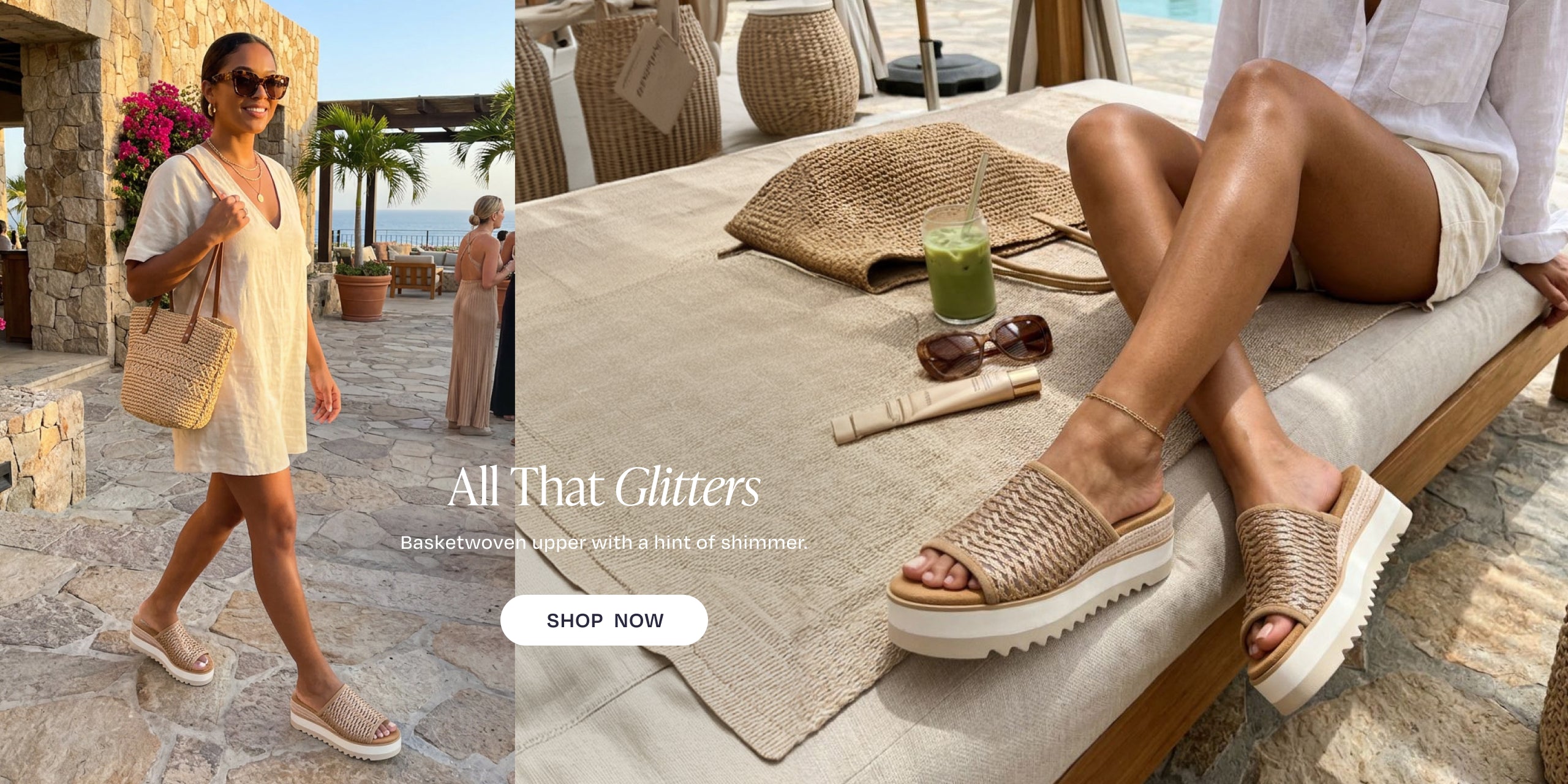 All That Glitters. Basketwoven upper with a hint of shimmer. SHOP NOW: Diana Mule Wedge Sandal in Bronze Deco Basket Weave on model. Resort background.