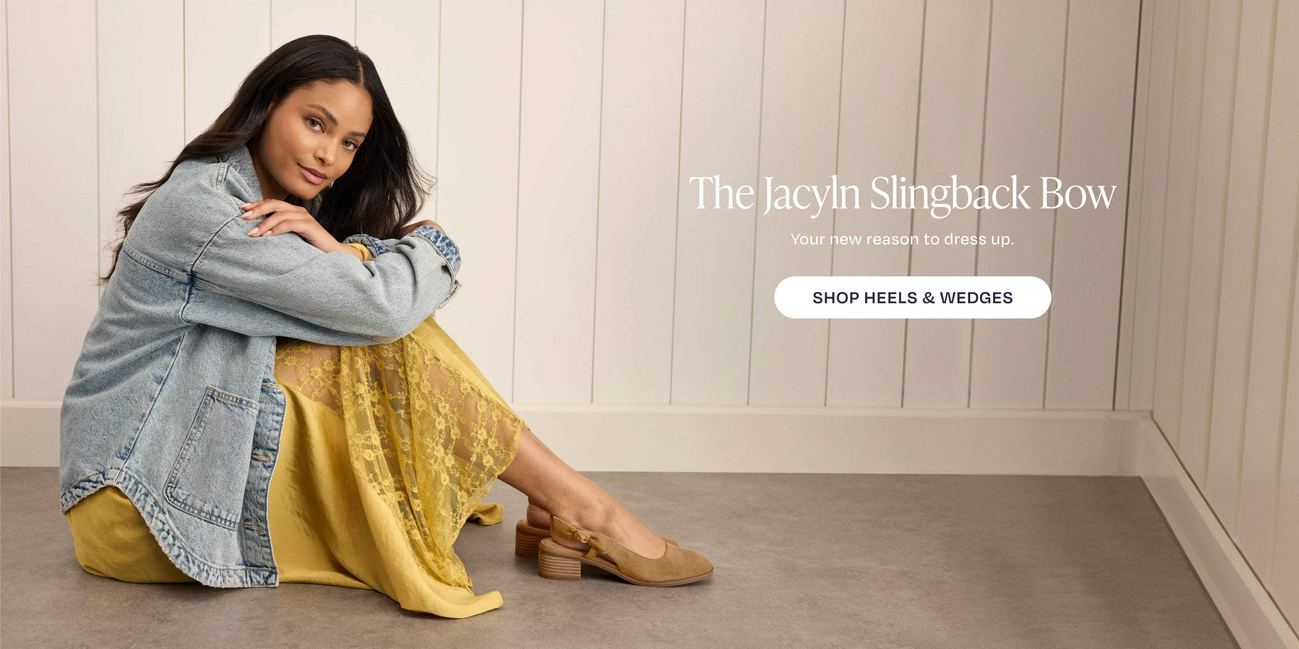 The Jacyln Slingback Bow. Your new reason to dress up. SHOP HEELS & WEDGES: Jaclyn Slingback Bow Heel in Toffee Kid Suede shown on model.