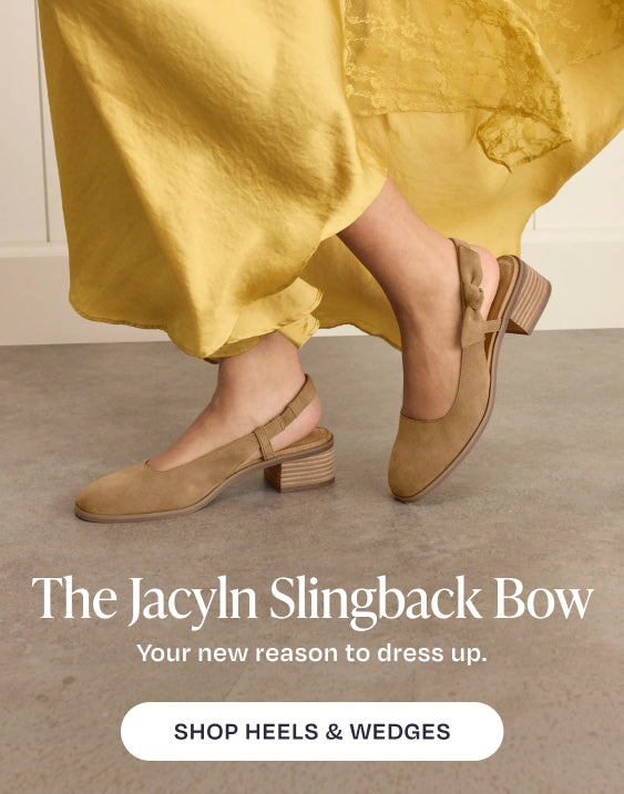 The Jacyln Slingback Bow. Your new reason to dress up. SHOP HEELS & WEDGES: Jaclyn Slingback Bow Heel in Toffee Kid Suede shown on model.