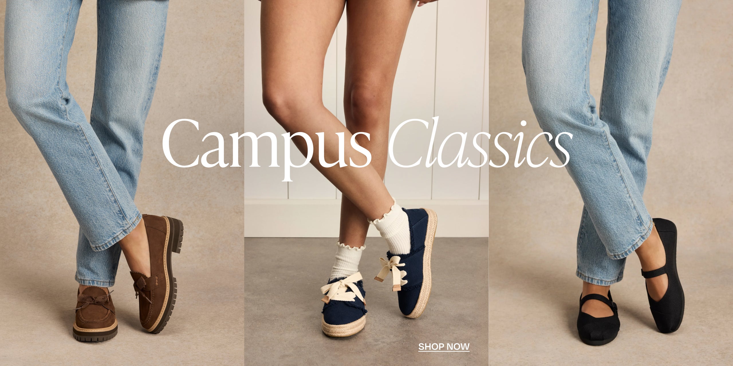 Campus Classics. SHOP NOW: Cara Bow Loafer in Hot Cocoa Leather, Carolina Lace-Up Espadrille in Navy Fray, and Alpargata Mary Jane in Black Canvas on models.