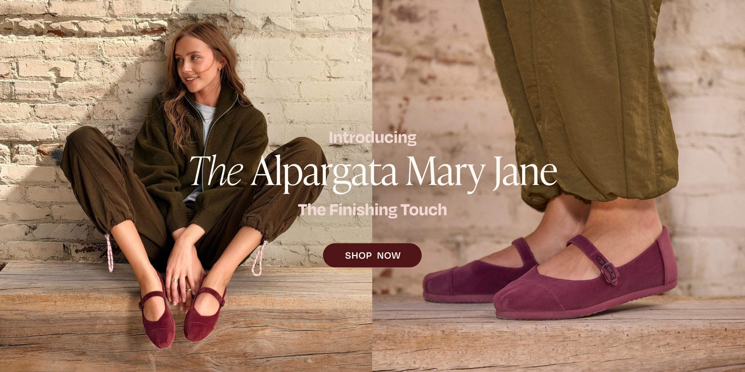 Introducing The Alpargata Mary Jane. The Finishing Touch. SHOP NOW: Alpargata Mary Jane in Dark Burgundy Premium Velvet on model.