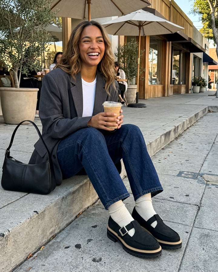 Women's Cara Mary Jane Loafer in Black Nubuck Leather shown.