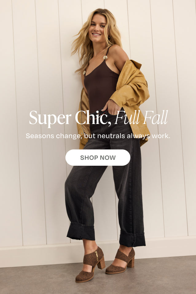 Super Chic, Full Fall. Seasons change, but neutrals always work. SHOP NOW: Milan Nova Heel in Toffee Leopard Print on model.