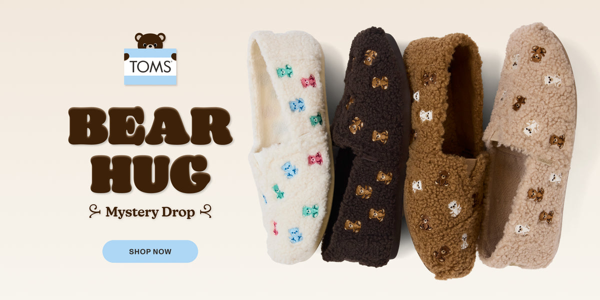 TOMS BEAR HUG Mystery Drop. SHOP NOW. Alpargata Classic Mystery Bear Bag in 4 colorways shown.