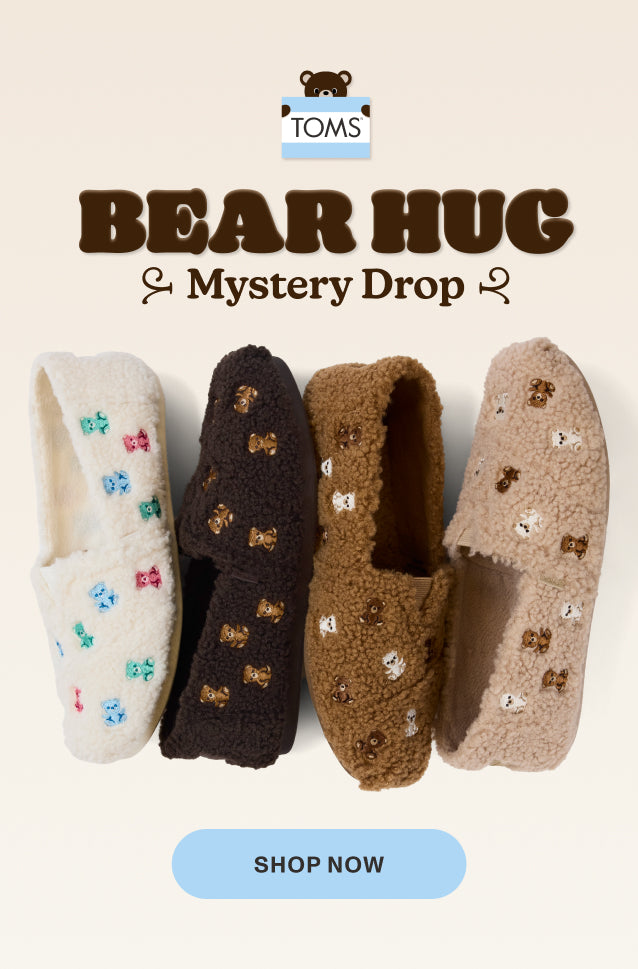 TOMS BEAR HUG Mystery Drop. SHOP NOW. Alpargata Classic Mystery Bear Bag in 4 colorways shown.