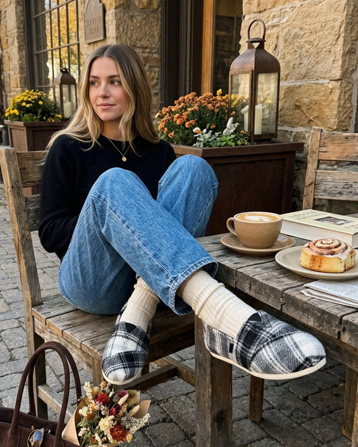 Women's Alpargata Classic in Black Cozy Plaid shown.
