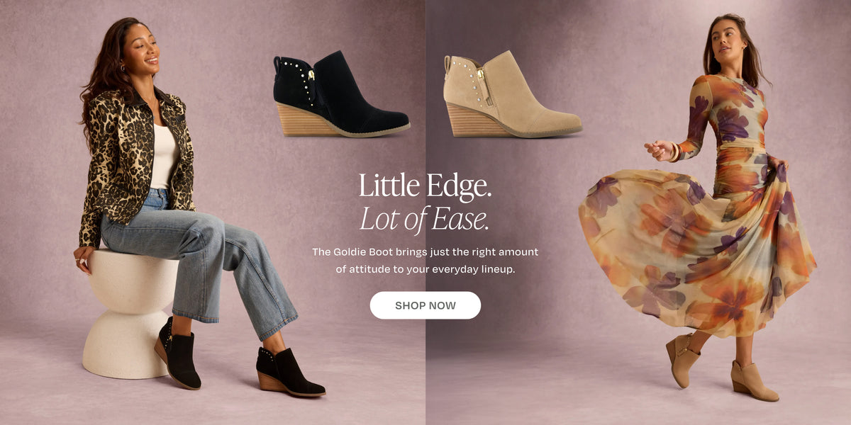Little Edge. Lot of Ease. The Goldie Boot brings just the right amount of attitude to your everyday lineup. SHOP NOW: Women's Goldie Wedge Ankle Bootie Suede w/ Studs in Black and in Taupe shown on each model.