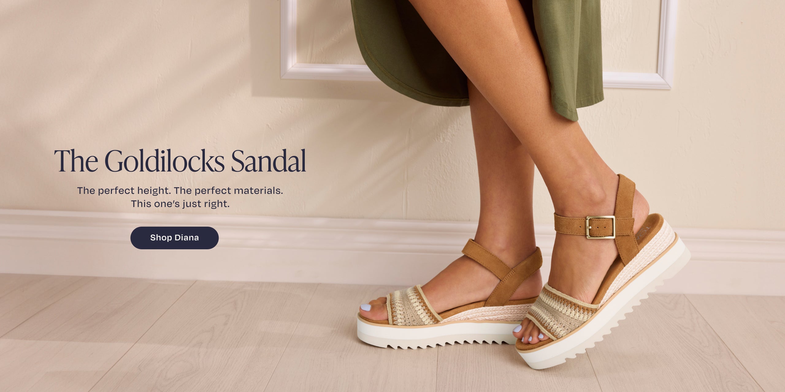 The Goldilocks Sandal. The perfect height. The perfect materials. This one's just right. Shop Diana: Almond Crochet on model.
