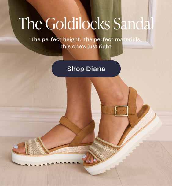 The Goldilocks Sandal. The perfect height. The perfect materials. This one's just right. Shop Diana: Almond Crochet on model.