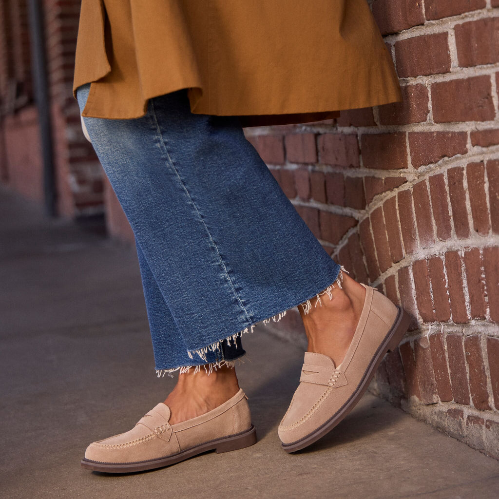 On model image of the Womens Marie Loafer Taupe Suede