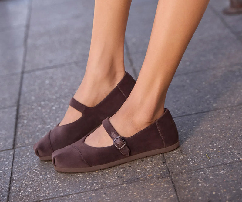 Women's Alpargata Mary Jane in Chocolate Brown Premium Velvet on model.