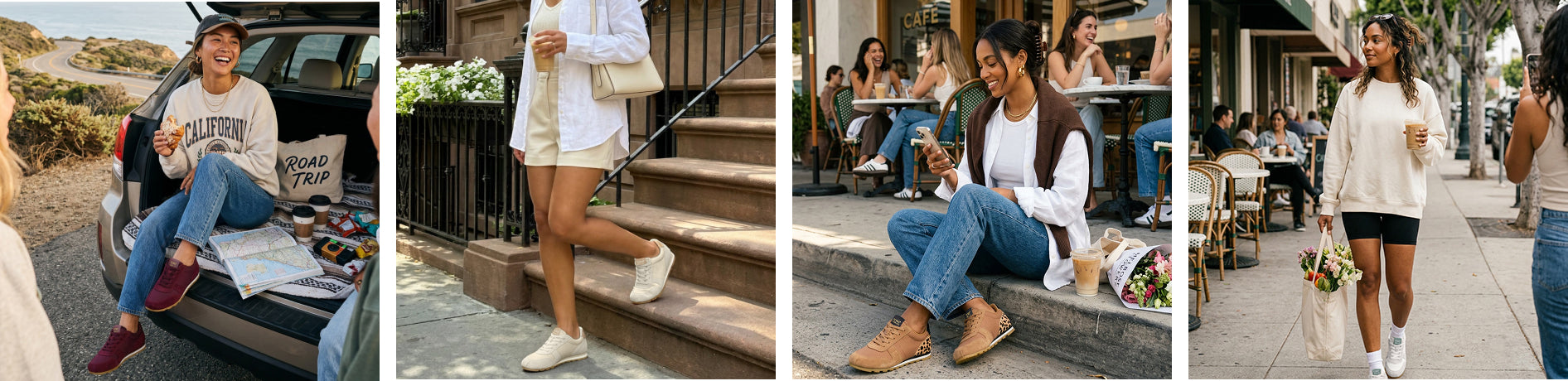 Four models in Women's TRVL Lite Palisade Sneaker in various colors.