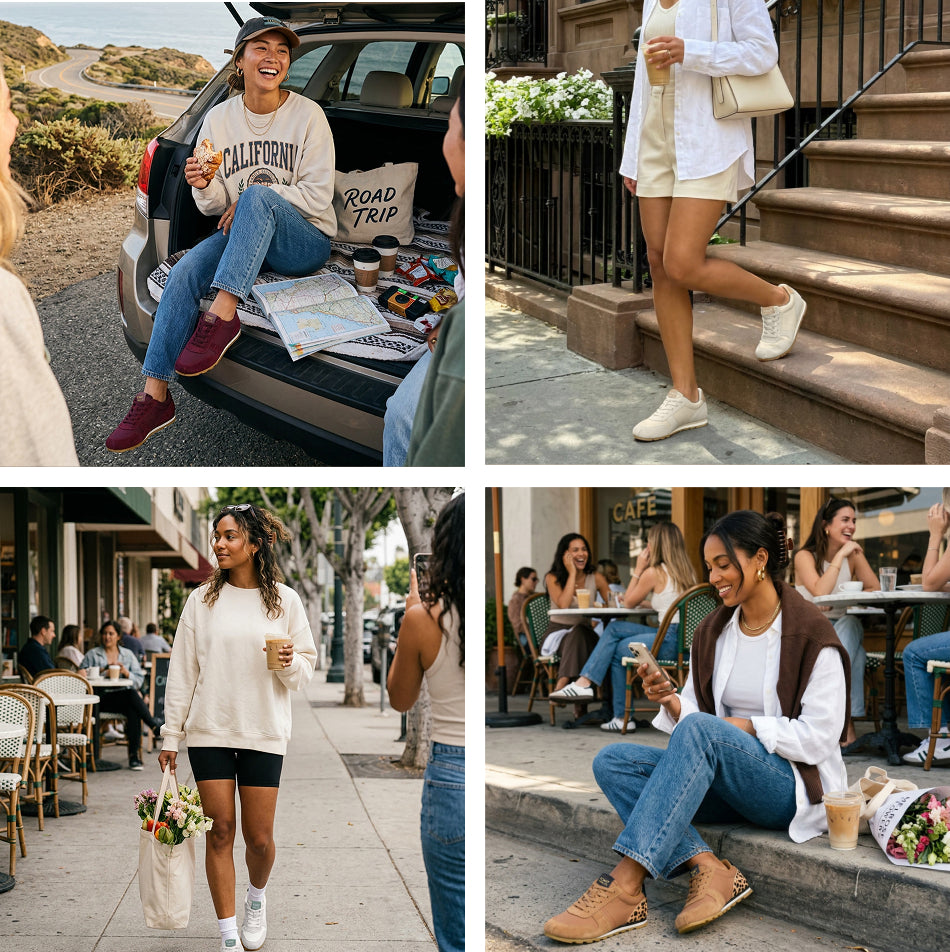 Four models in Women's TRVL Lite Palisade Sneaker in various colors.