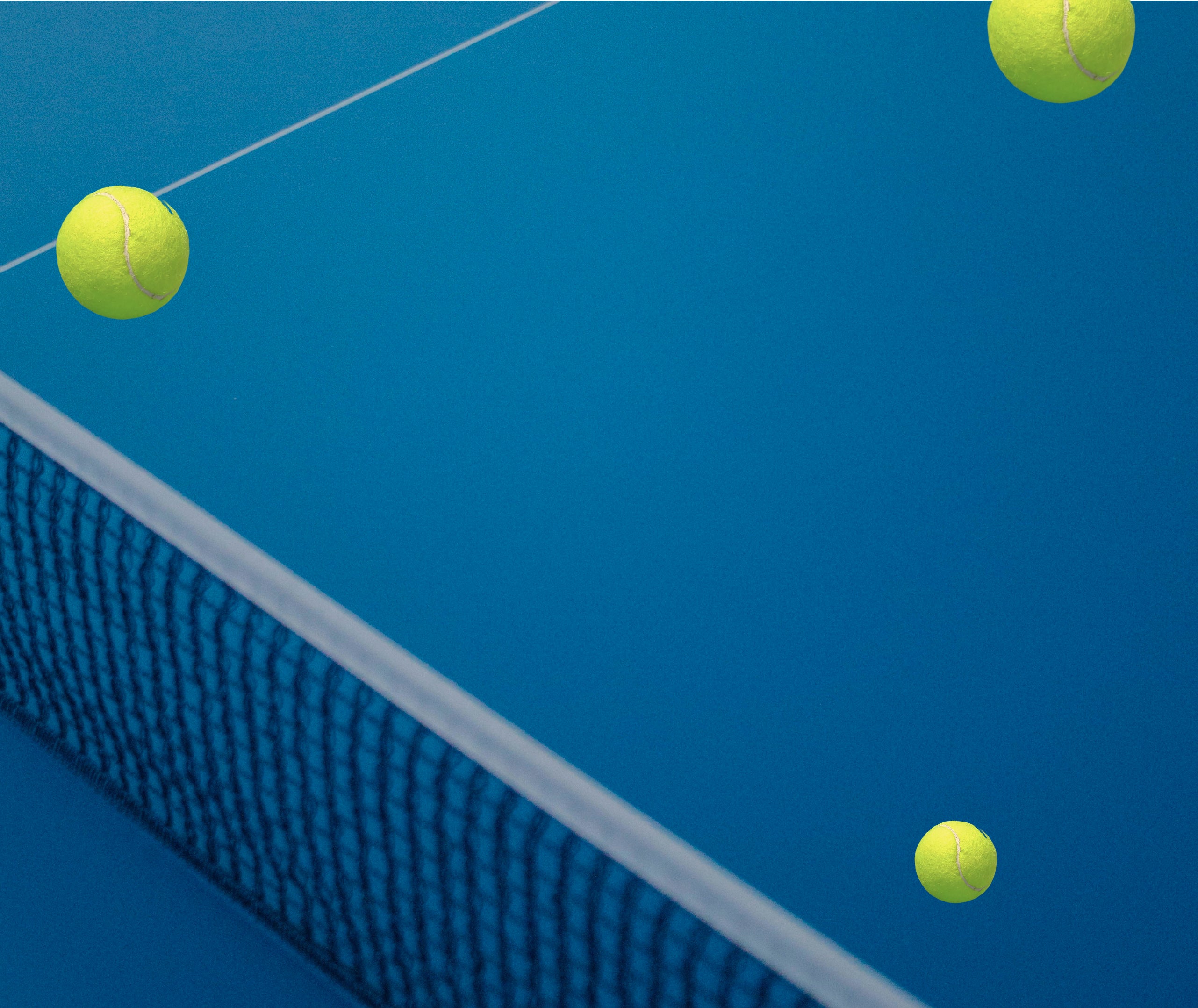 Tennis court and tennis balls.
