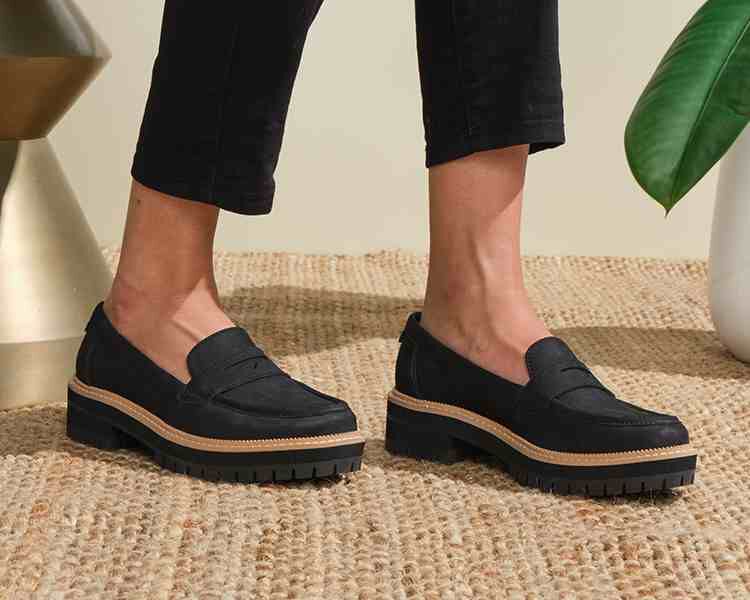 Women's Cara Black Leather Loafer in black shown.