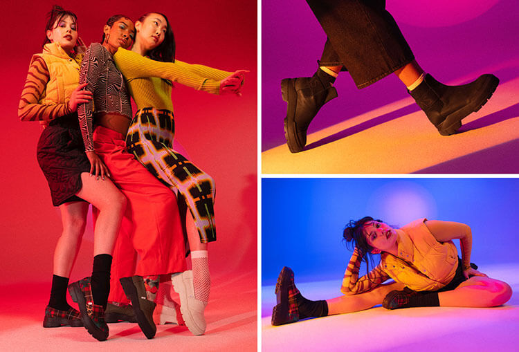Models wearing the women's Alpragata Combat Low Boot in natural and black leather, the women's Alpragata Low Sneaker in green, plaid leopard tartan, and natual.