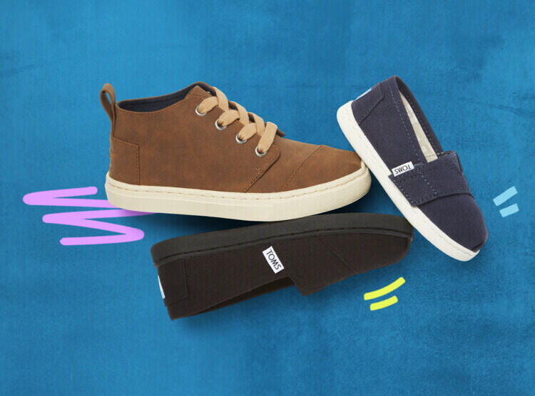 TOMS Canvas Youth and Tiny Classics 2.0 in black and navy, and the Kids Youth Botas Sneaker in brown toffee shown.