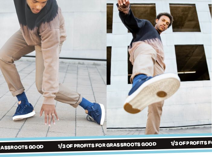 green background on left side of screen and right side of screen is model wearing and dancing in TOMS TRVL Lite Navy Sneakers