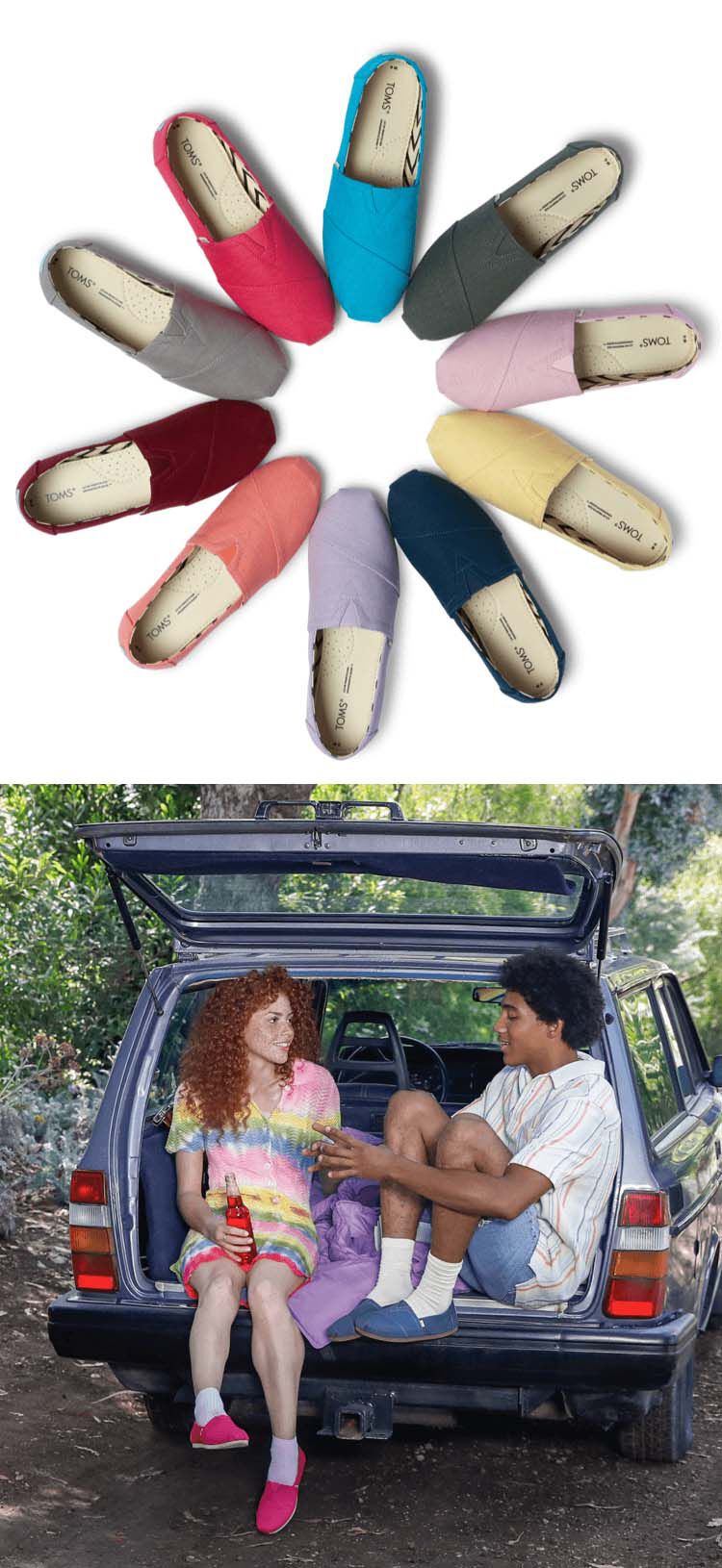 Birds-eye view of Alpargatas in a variety of color ways. A girl and boy sitting in the truck of a car. 