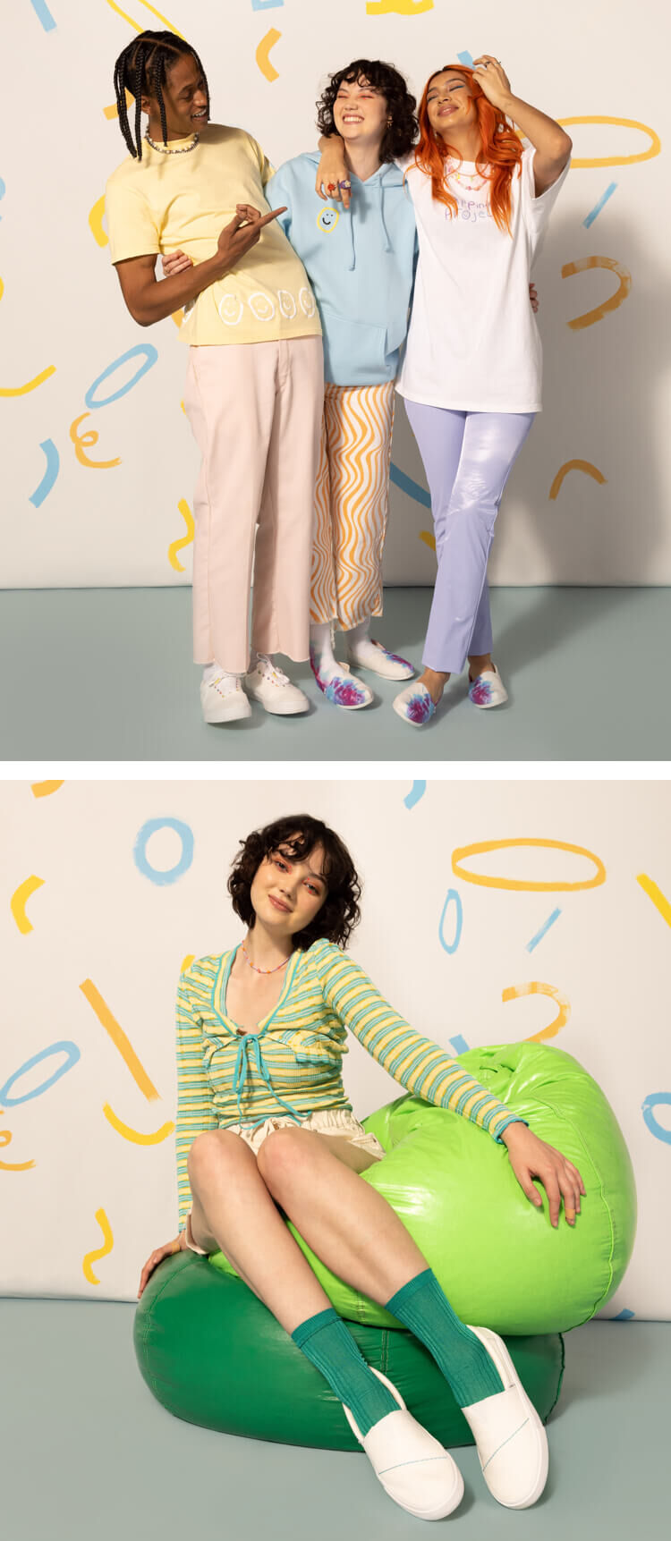 Models wearing TOMS x Happiness Project collection.
