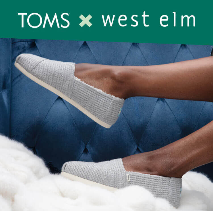 Feet view of model wearing TOMS x West Elm Alpargata Waffle Knit in Grey.