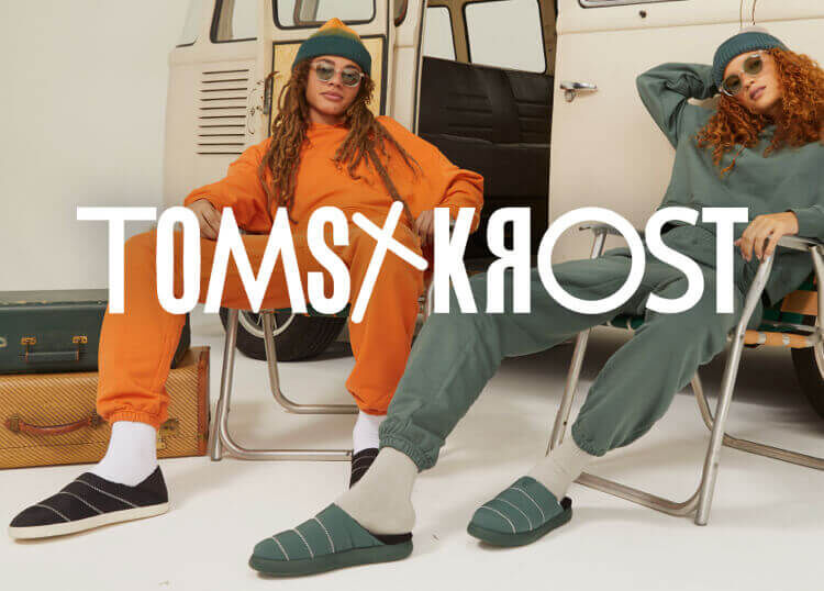 TOMS x KROST Collaboration. Models wearing the TOMS X KROST Mallow Mule Slipper Sneaker in dark green and black.