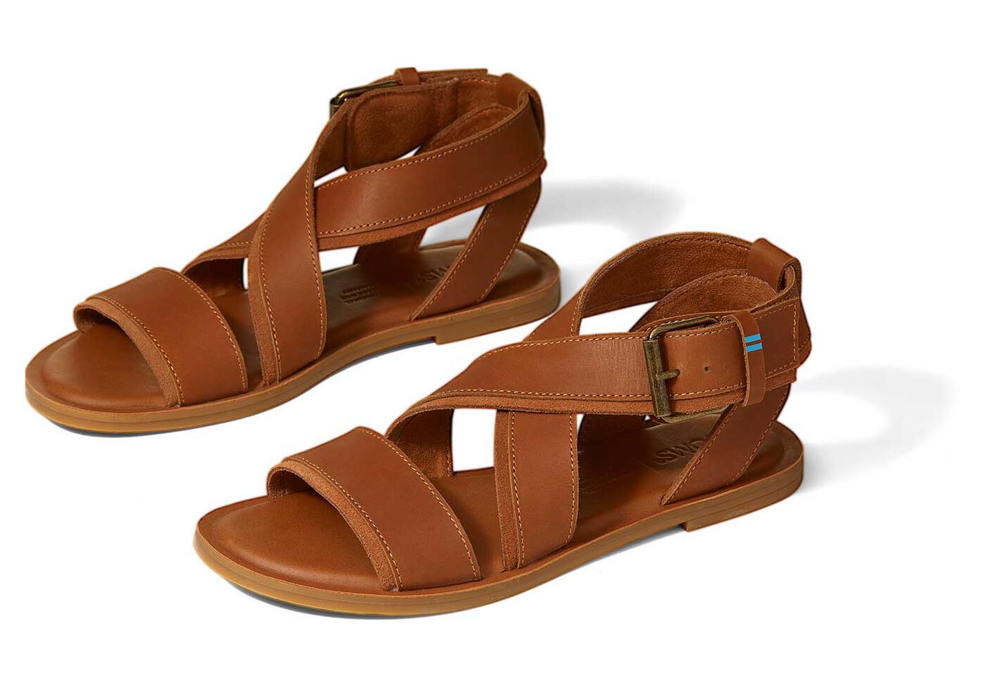 Tan Leather Strappy Sidney Flat Womens Sandal | TOMS