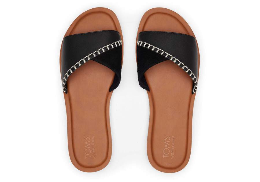 Shea Black Leather Slide Sandal Top View Opens in a modal