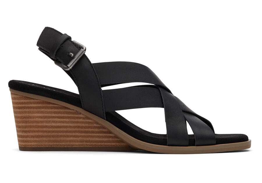 Gracie Black Leather Wedge Sandal Side View Opens in a modal