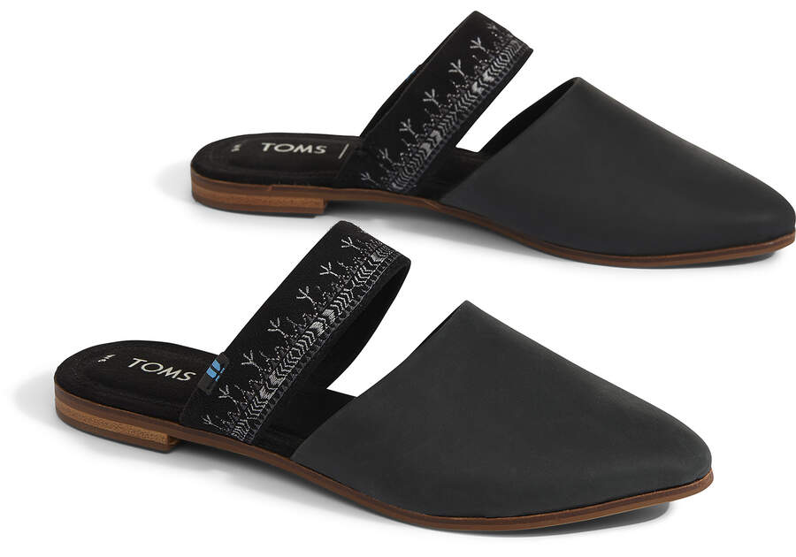 Black Leather with Embroidered Strap Women's Jutti Mules Front View Opens in a modal